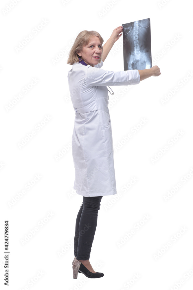 Female doctor examining x-ray image. Isolated over white background, back view Female doctor examining x-ray image. Isolated over white background, back view
