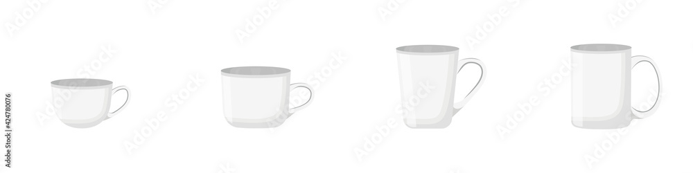 Conjunto de tazas blancas diferentes modelos y tamaños. Taza de café.  Ilustración vectorial aislada en fondo blanco Stock Illustration
