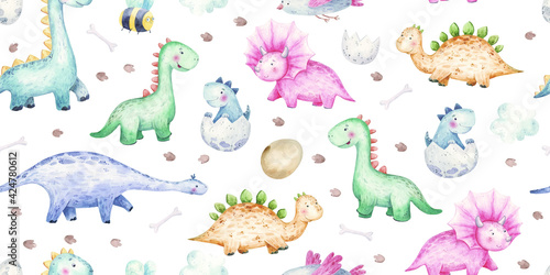 seamless pattern with cute baby dinosaurs, illustration