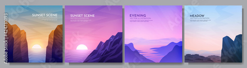 Vector illustration. A set of mountain landscapes. Geometric polygonal minimalist flat style. Mountains near water, sunset scene, meadow and rock. Design for banner, blog post, social media template