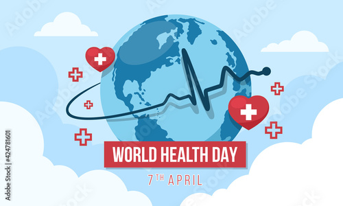 World health day with Heart rhythm wave around circle globle world and cross in red heart sign on sky vector design