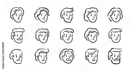 Set of avatar icons. Hand drawn portraits of different people. Symbols vector illustration