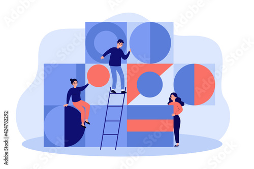 Team of young people arranging abstract geometric figures. Flat vector illustration. Cartoon people characters holding together triangle, round, square shapes. Business, teamwork, organization concept