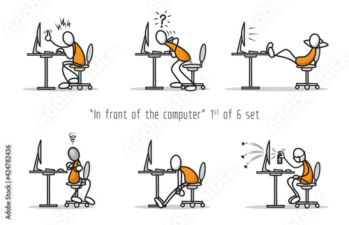 Vector set of humor cartoon man in front of a computer in different attitudes and poses. Print illustration. 