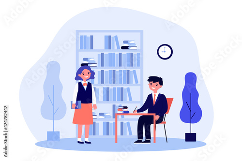 Cute little children learning in library and smiling. Book, school, study flat vector illustration. Education and knowledge concept for banner, website design or landing web page © Bro Vector