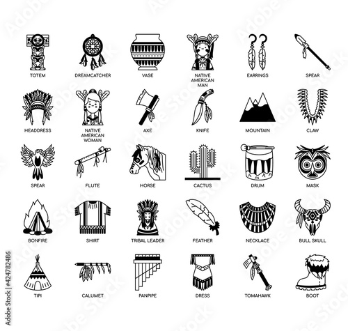 Set of native american thin line and pixel perfect icons for any web and app project.