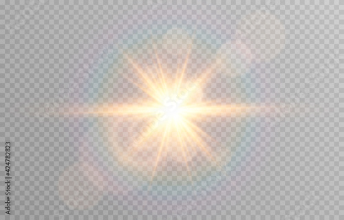 Vector golden light with glare. Sun, sun rays, dawn, glare from the sun png. Gold flare png, glare from flare png.	