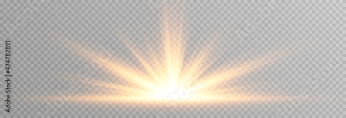 Vector golden light. Sun, sun rays, dawn, star, flare png. Golden Star. Golden flash png. Vector image.	
