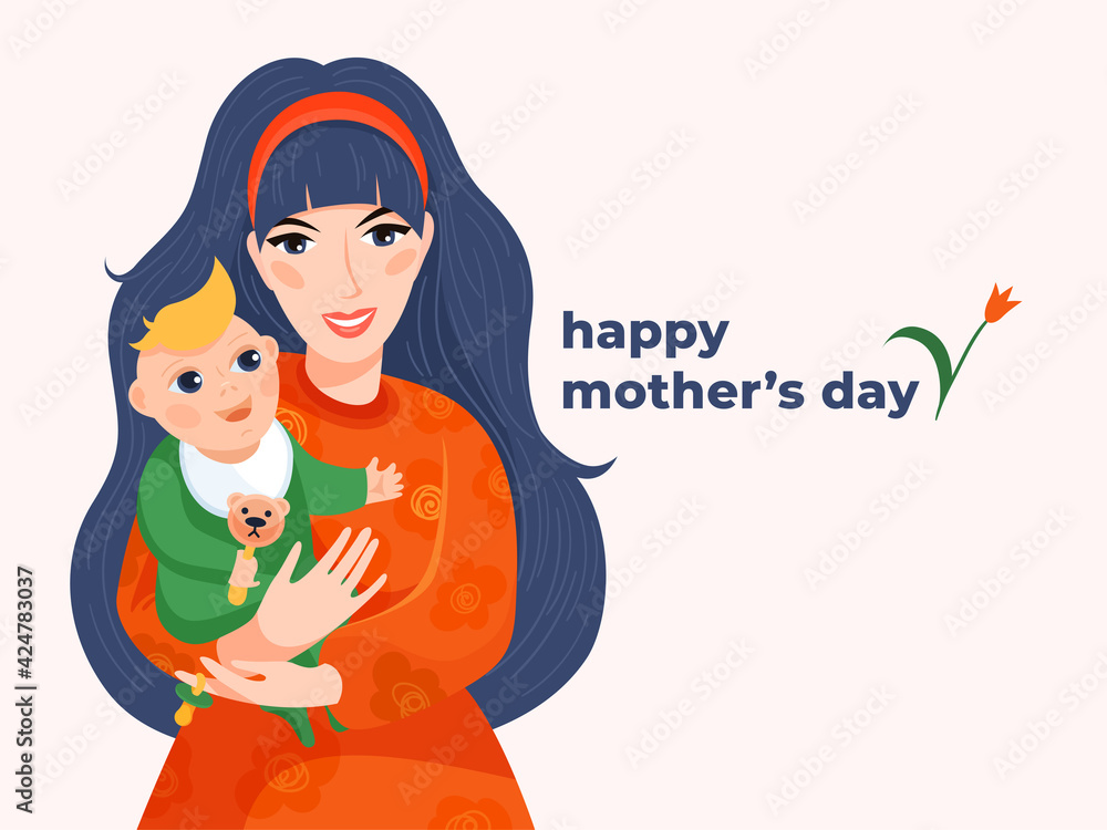 young mother holds the baby in her arms. baby with a rattle young mother holds the baby in her arms. baby with a rattle