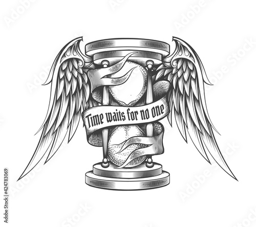 Hourglass with Wings and Ribbon Tattoo in Engraving Style