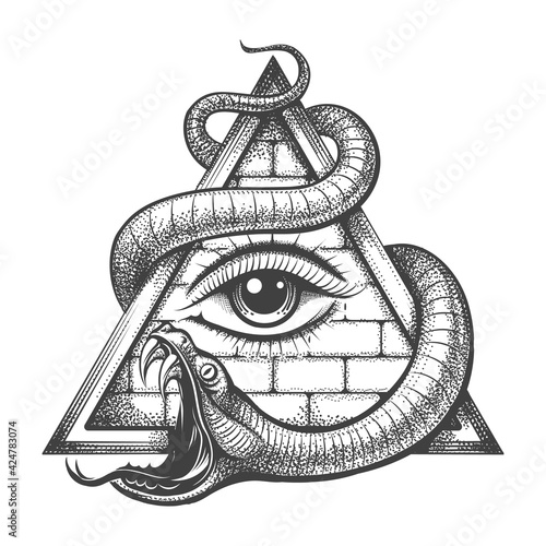 Allseeing Eye in Magic Triangle Entwined by Snake