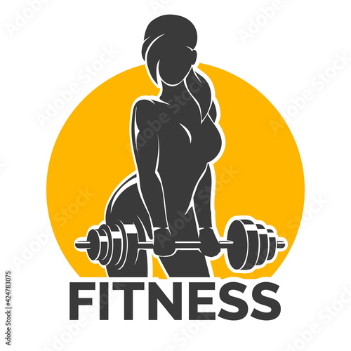 Fitness Emblem presenting Training Girl with Barbell