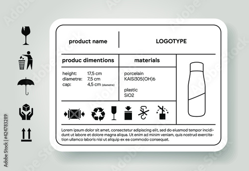 Product description sticker. Dimension and material descriptor. Cargo label. Shipping icons. Package brand depiction. Industrial design specification. Vector illustration mockup.