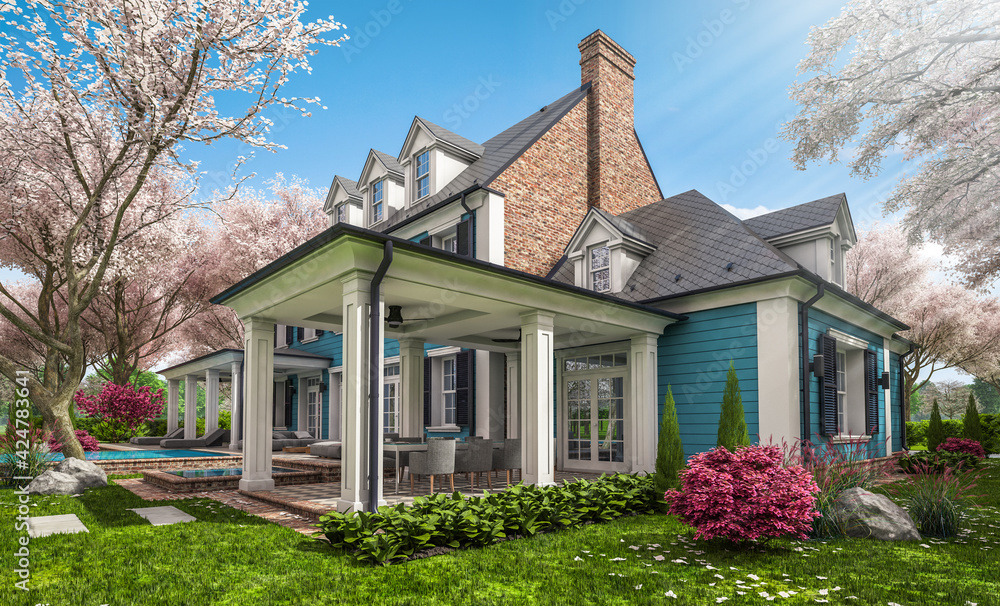 3d rendering of modern cozy classic house in colonial style with garage and pool for sale or rent with beautiful landscaping Fresh spring day with a blooming trees with flowers of sakura on backgraund