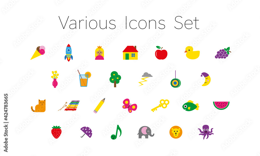 Icons set of various colourful objects, including animals, food, toys and others, isolated on white background Icons set of various colourful objects, including animals, food, toys and others, isolated on white background