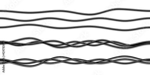 Vector realistic black electricity cables. Isolated on white background.