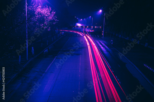 Light Painting - Night - Winter-fog-Cyberpunk style-long exposure-road