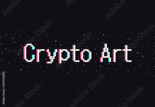 Pixel crypto art. NFT non-fungible token. Stars space backdrop. Vector cryptography wallpaper. Blue, black, pink purple colors. Trendy vintage 80s, 90s cyber punk style. Print, poster, banner