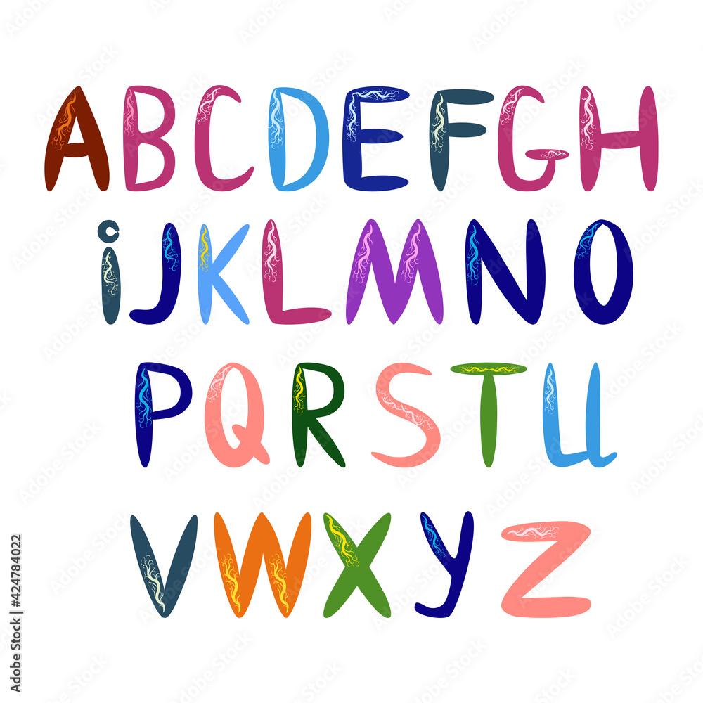 Cute funny childish alphabet. font illustration