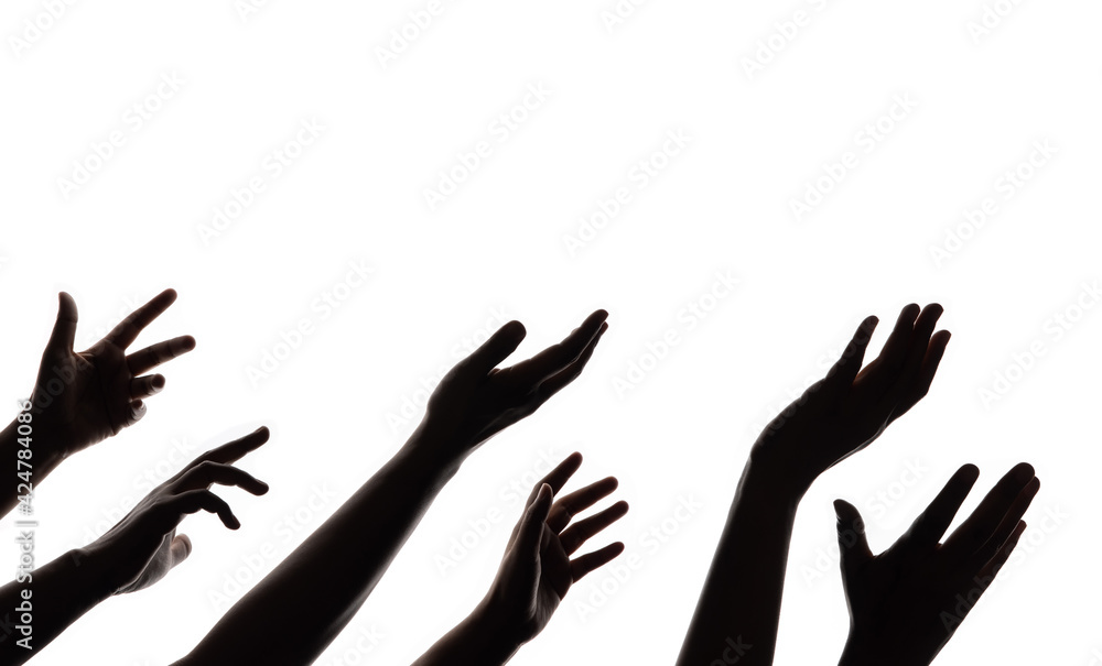 Silhouette of Begging Hands. Group of Hunger Strike People. Impoverished Person Concept. Isolated on White background Silhouette of Begging Hands. Group of Hunger Strike People. Impoverished Person Concept. Isolated on White background