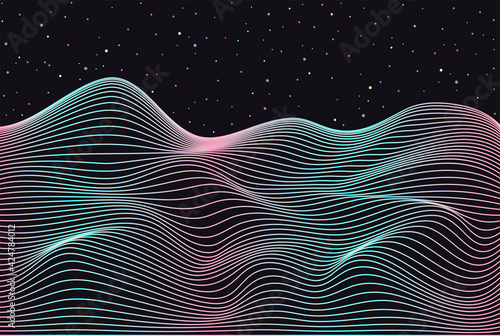 Distorted neon grid pattern and stars space. Abstract background. Retro wave, synthwave, rave, vapor, cyber punk. Blue, black, pink purple colors. Trendy vintage 80s, 90s style. Print, poster, banner.