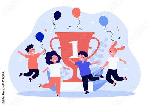 Happy little kids celebrating victory near golden cup. Balloon, place, contest flat vector illustration. Competition and success concept for banner, website design or landing web page