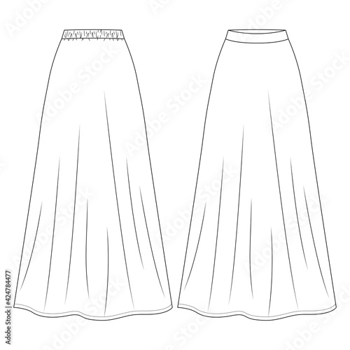 Women Long Maxi Length Skirt fashion flat sketch template. Girls Technical Fashion Illustration. A-Line with elastic at back