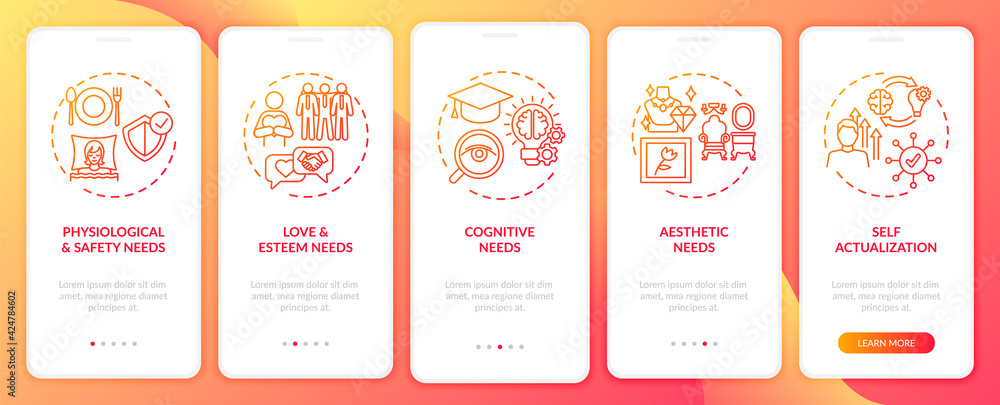Human being needs red onboarding mobile app page screen with concepts ...