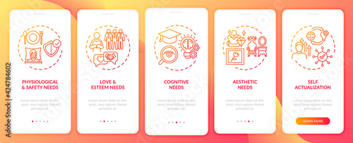 Human being needs red onboarding mobile app page screen with concepts. Self-actualization walkthrough 5 steps graphic instructions. UI, UX, GUI vector template with linear color illustrations