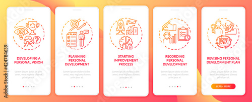 Personal development steps red onboarding mobile app page screen with concepts. Self-improvement walkthrough 5 steps graphic instructions. UI, UX, GUI vector template with linear color illustrations