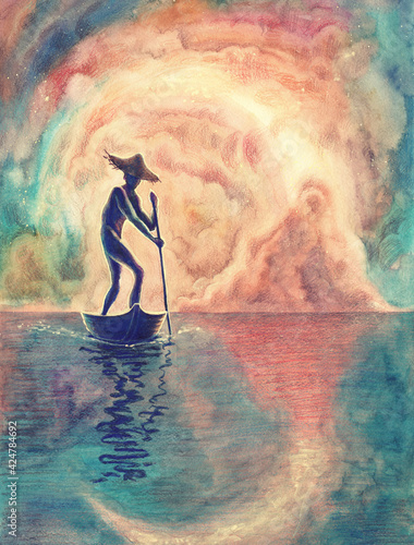 Watercolor river with man on a raft silhouette painting art, ferryman in a boat drawing, boatman on a water with reflection hand drawn illustration.