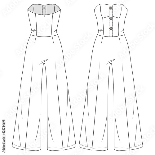 Women Bandeau Tube Jumpsuit Vector Fashion Flat Sketches. Fashion Technical Illustration Template. Flare Wide legs. Large Buttons detail