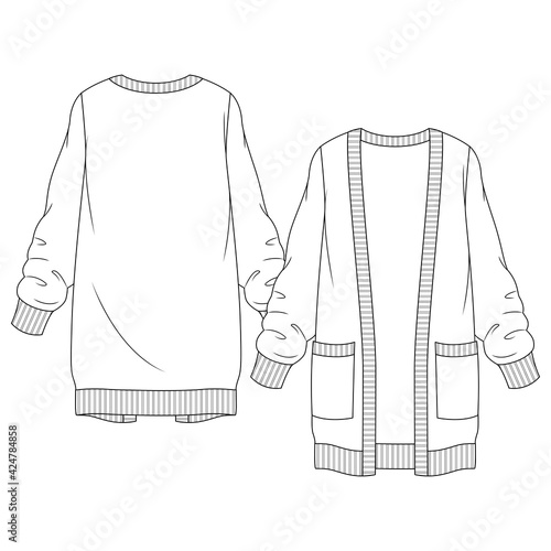 Women Sweater Cardigan with large Pockets fashion flat sketch template. Girls Technical Fashion Illustration. Open Front with Large pockets