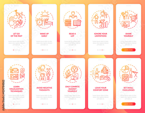 Self-development tips red onboarding mobile app page screen with concepts set. Personal challenge walkthrough 5 steps graphic instructions. UI, UX, GUI vector template with linear color illustrations