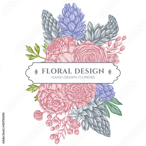 Floral bouquet design with pastel peony, carnation, ranunculus, wax flower, ornithogalum, hyacinth