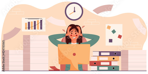 Exasperated woman in the workplace sits among a pile of papers and folders. The concept of professional burnout, overwork at work. Businesswoman with a headache. Vector illustration