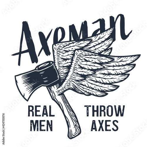 Axeman ax. Flying hatchet or axe with wings for woodcutter and lumberjack. Timberman print