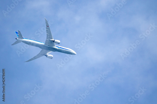 A portrait of a commercial airliner flying through a slumber cloud in a blue sky. The airplane is full of people flying towards a vacation or business deal.