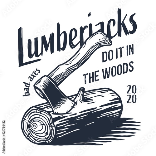 Lumberjack wood log with rings and ax for logo and emblem of carpenter. Timber or lumber with axe for t-shirts print design of axeman, woodsman