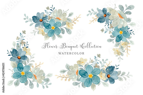 Blue gray flower bouquet collection with watercolor