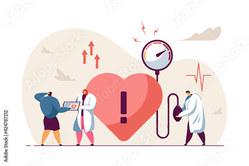 Tiny doctors treating heart disease. Medical checkup, high blood pressure, cardiology flat vector illustration. Medicine, diagnosis, examination concept for banner, website design or landing web page