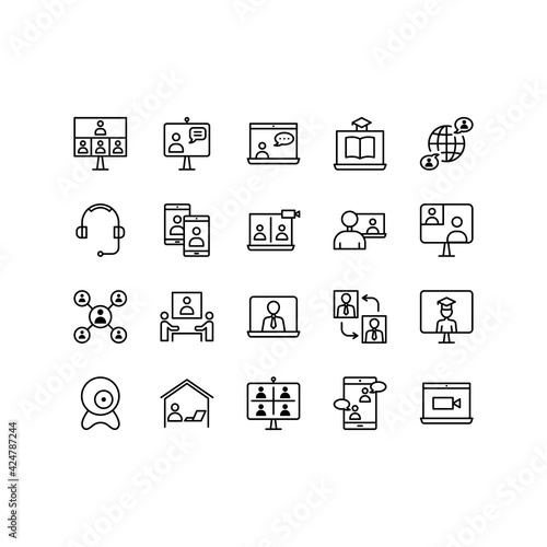Video Call flat line icons set. Online meeting icons, work form home, social distancing, video conference. Simple flat vector illustration for web site or mobile app. Editable Stroke