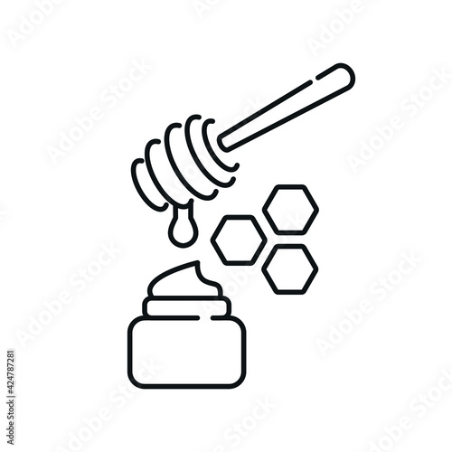 Cream with propolis and honey linear icon. Natural cosmetics and Make up. Thin line customizable illustration. Contour symbol. Vector isolated outline drawing. Editable stroke