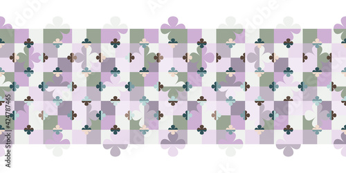 Abstract geometric seamless vector pattern Border with stylised big and little flowers on chessboard in retro style. Colourful decorative floral grid texture for interior textiles and fashion.