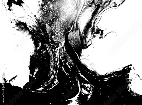 Abstract black and white graphics — minimalistic illustration made with alcohol ink and digital instruments. Fragment of art with monochrome drawing resembles Indian ink and Rorschach test spots.