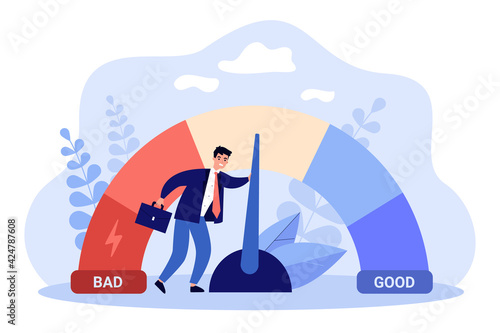 Male businessman with credit score scale. Young man changing personal financial account information from poor to good. Financial growth, career. Business reputation flat vector colorful illustration photo