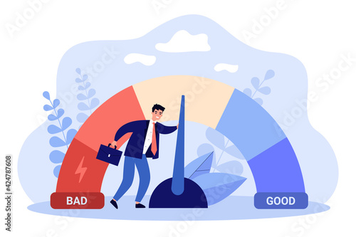 Male businessman with credit score scale. Young man changing personal financial account information from poor to good. Financial growth, career. Business reputation flat vector colorful illustration