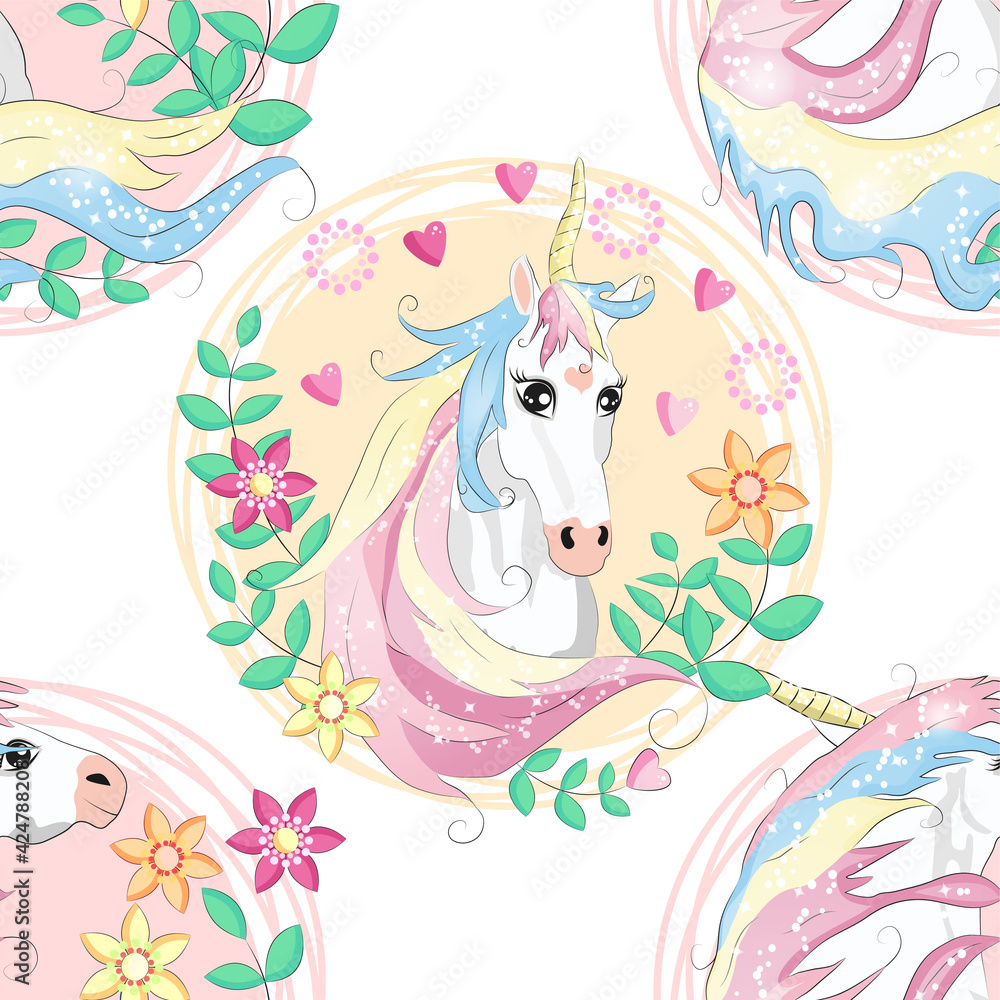 Doodle unicorn pattern for textile design. Animal cartoon. Ditsy print. Trendy seamless pattern. Fabric pattern. Doodle unicorn pattern for textile design. Animal cartoon. Ditsy print. Trendy seamless pattern. Fabric pattern.
