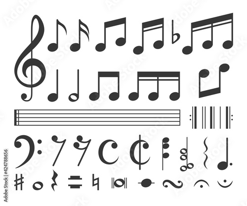 Music note. Vector icon set of music notes for musical apps, websites isolated on white background. Black silhouette musical key signs for song, melody, tune, instrumental scores.Musical notation note