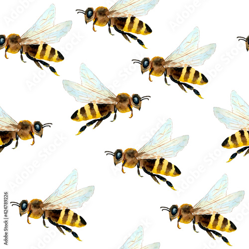 Watercolor seamless hand drawn pattern with bumble bees, nature natural insects, summer vibes modern design. Honeycomb yellow white background for textile wallpaper wrapping paper. Reatistic animal